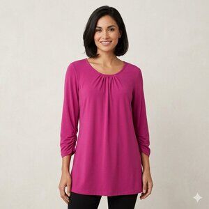 Susan Graver Liquid Knit Fuchsia Pink Tunic Top Medium 3/4 Sleeve Stretch Blouse